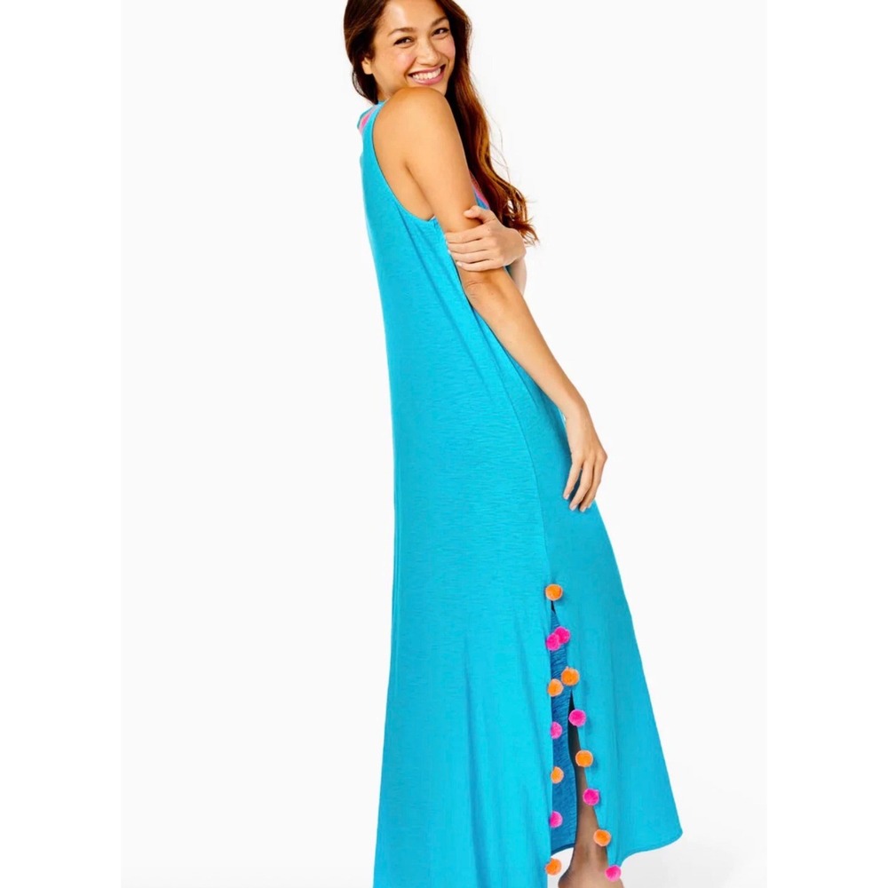 Lilly Pulitzer Blue Embroidered Pom Pom‎ Maxi Dress Sleeveless Cover Up Small - Picture 3 of 9